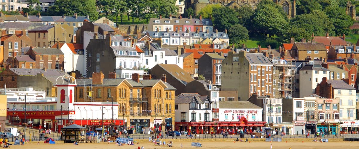 South Bay Beach showing a coastal town and a sandy beach