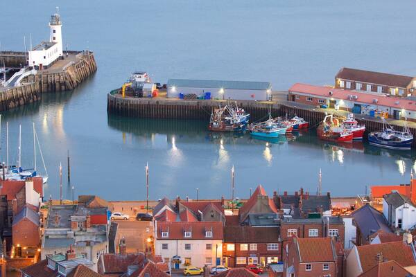 South Bay Beach which includes a bay or harbour and a coastal town