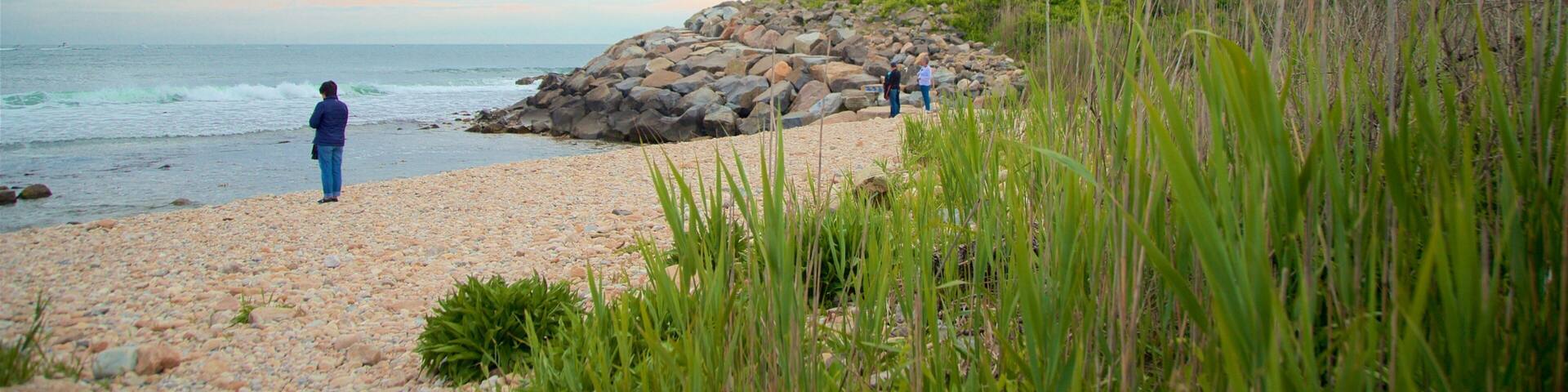 Montauk Point showing general coastal views, a pebble beach and a lighthouse