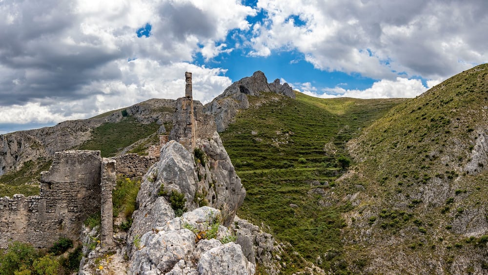Ruins of the Castle of Benissili or Alcalà. It was the residence of the famous Moorish leader Al-Azraq. It dates from the eleventh century. Located in La vall de la gallinera, Alicante, Spain