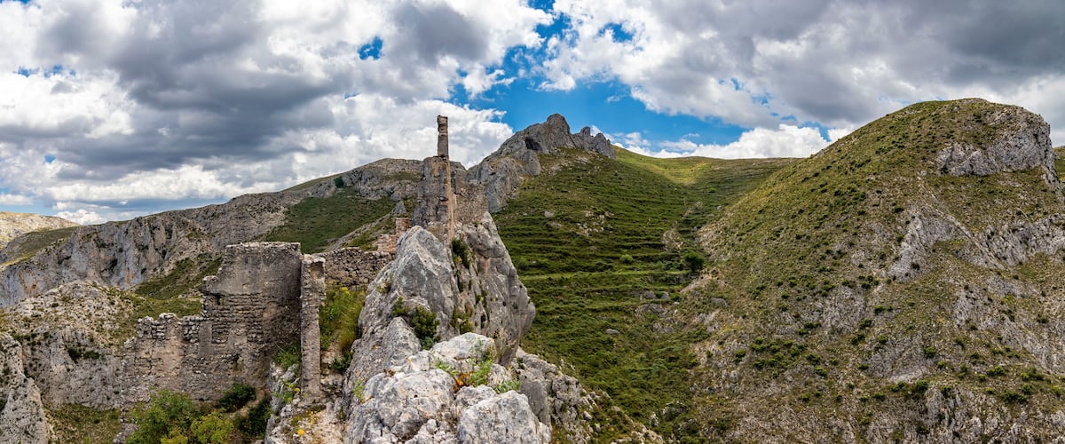 Ruins of the Castle of Benissili or Alcalà. It was the residence of the famous Moorish leader Al-Azraq. It dates from the eleventh century. Located in La vall de la gallinera, Alicante, Spain