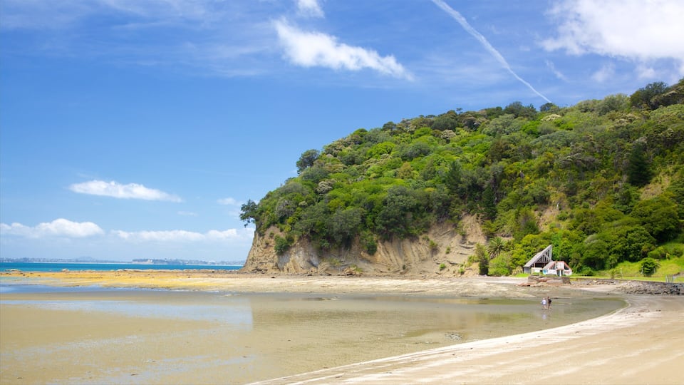 A beach with a cliff and a house.