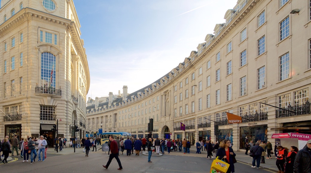 Regent Street which includes heritage architecture and street scenes as well as a large group of people