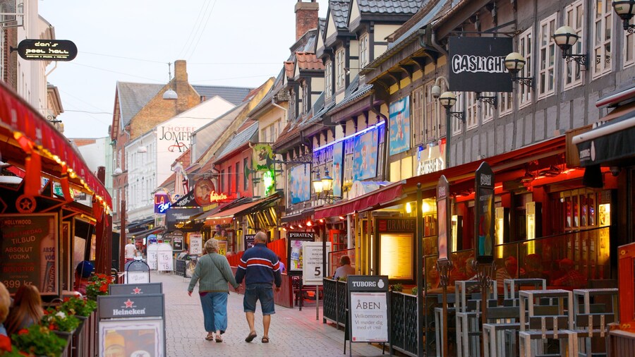 Jomfru Ane Gade which includes outdoor eating and a city