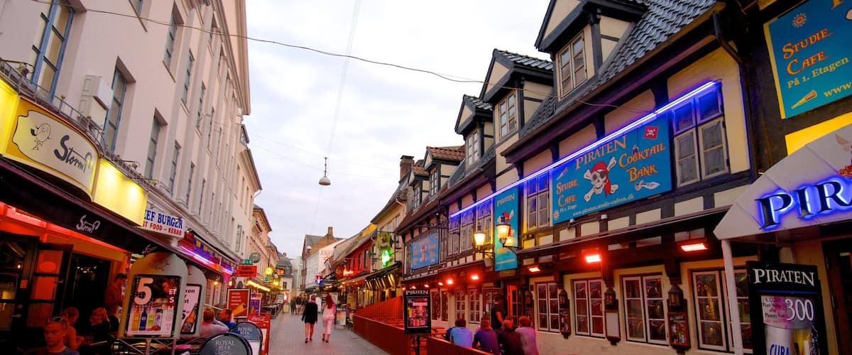 Jomfru Ane Gade which includes signage, outdoor eating and a city