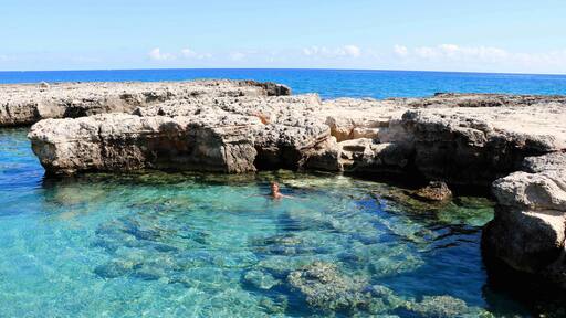 Água cristalina. Pedras claras contrastando com o azul do mar.