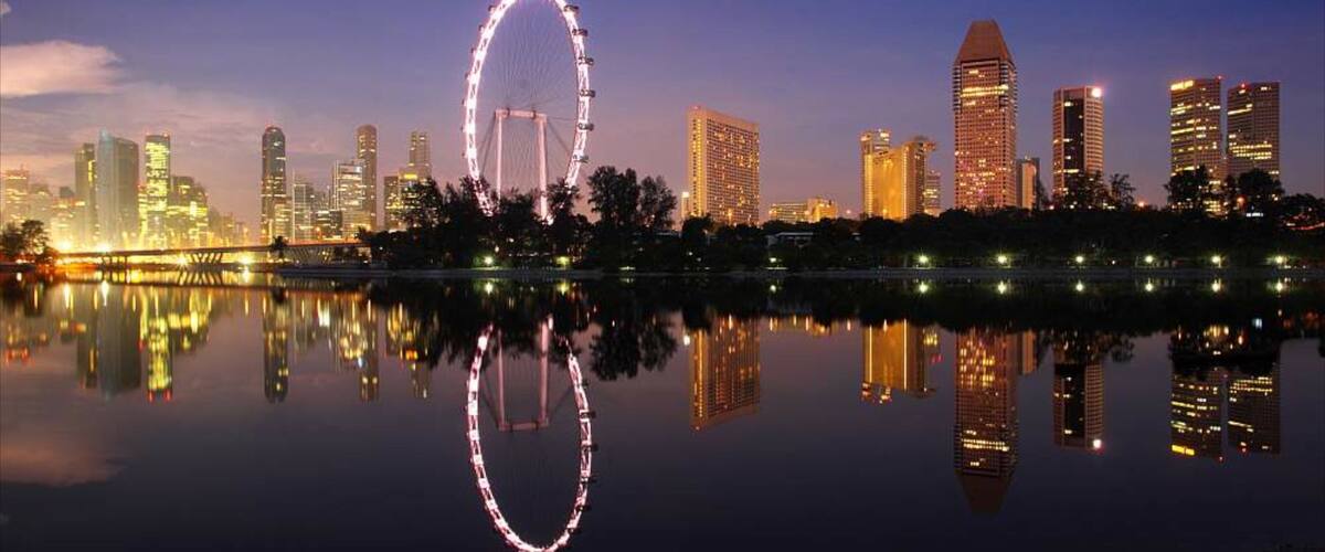 Singapore Flyer featuring night scenes, modern architecture and a skyscraper