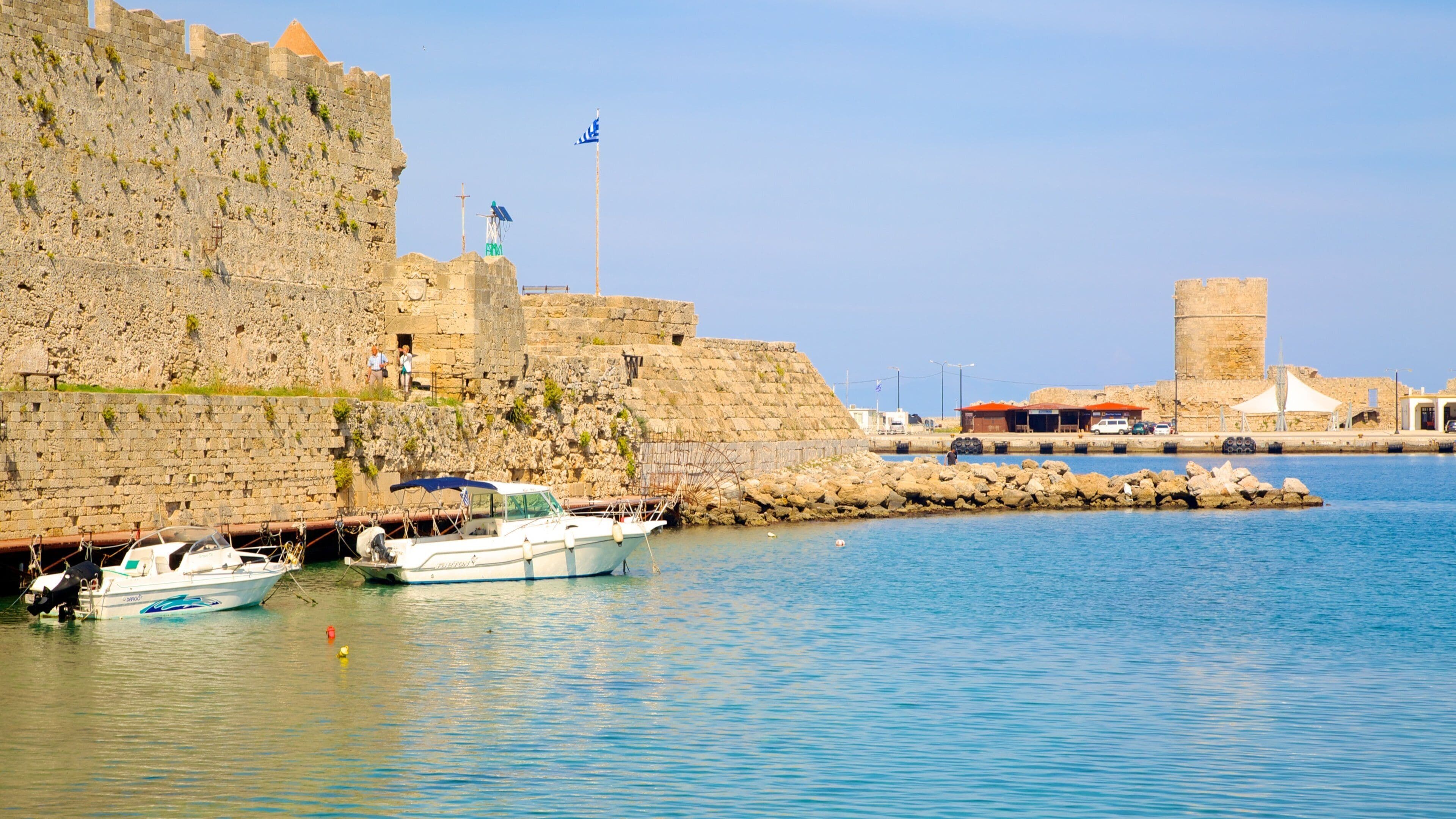 Rhodes Port showing general coastal views and heritage architecture