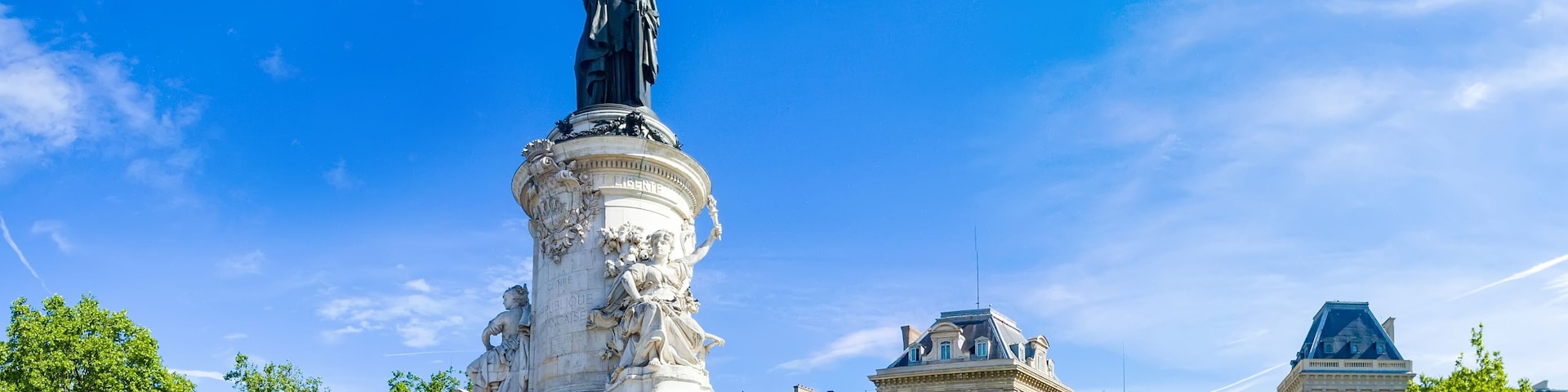 Paris panorama of the monument to the Republic with the symbolic statue of Marianna, in Place de la Republique