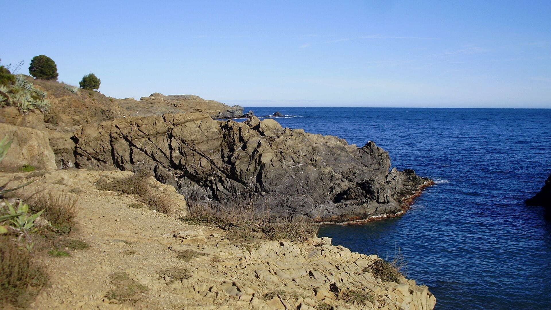 A rocky coastline with sparse vegetation and a clear blue sea.