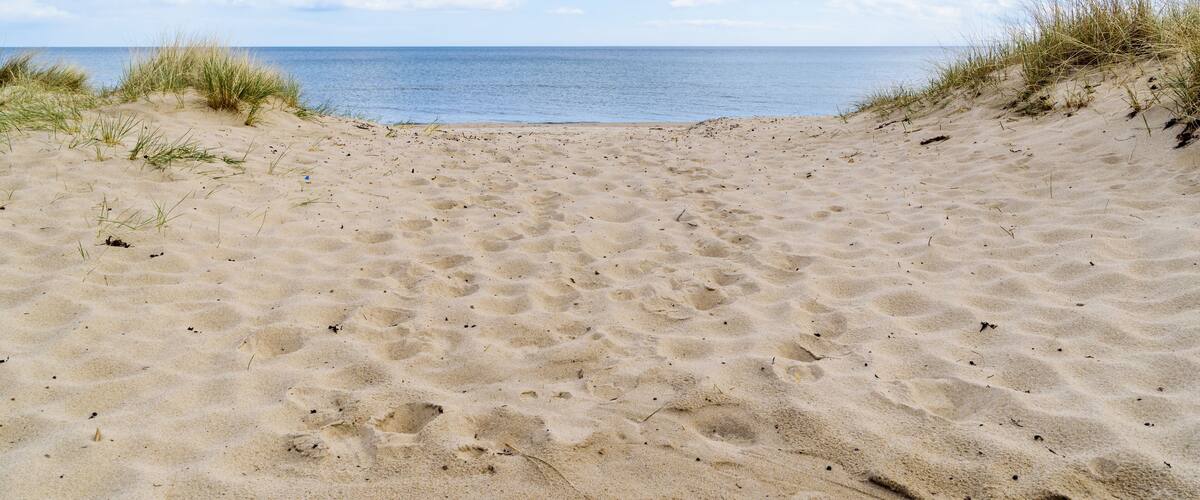 A sandy beach with dunes and the ocean in the background.