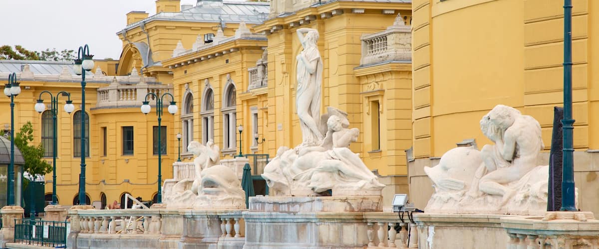 Szechenyi Thermal Bath featuring a statue or sculpture, heritage architecture and a pool