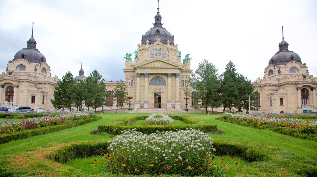 Szechenyi Thermal Bath which includes a day spa, heritage architecture and flowers