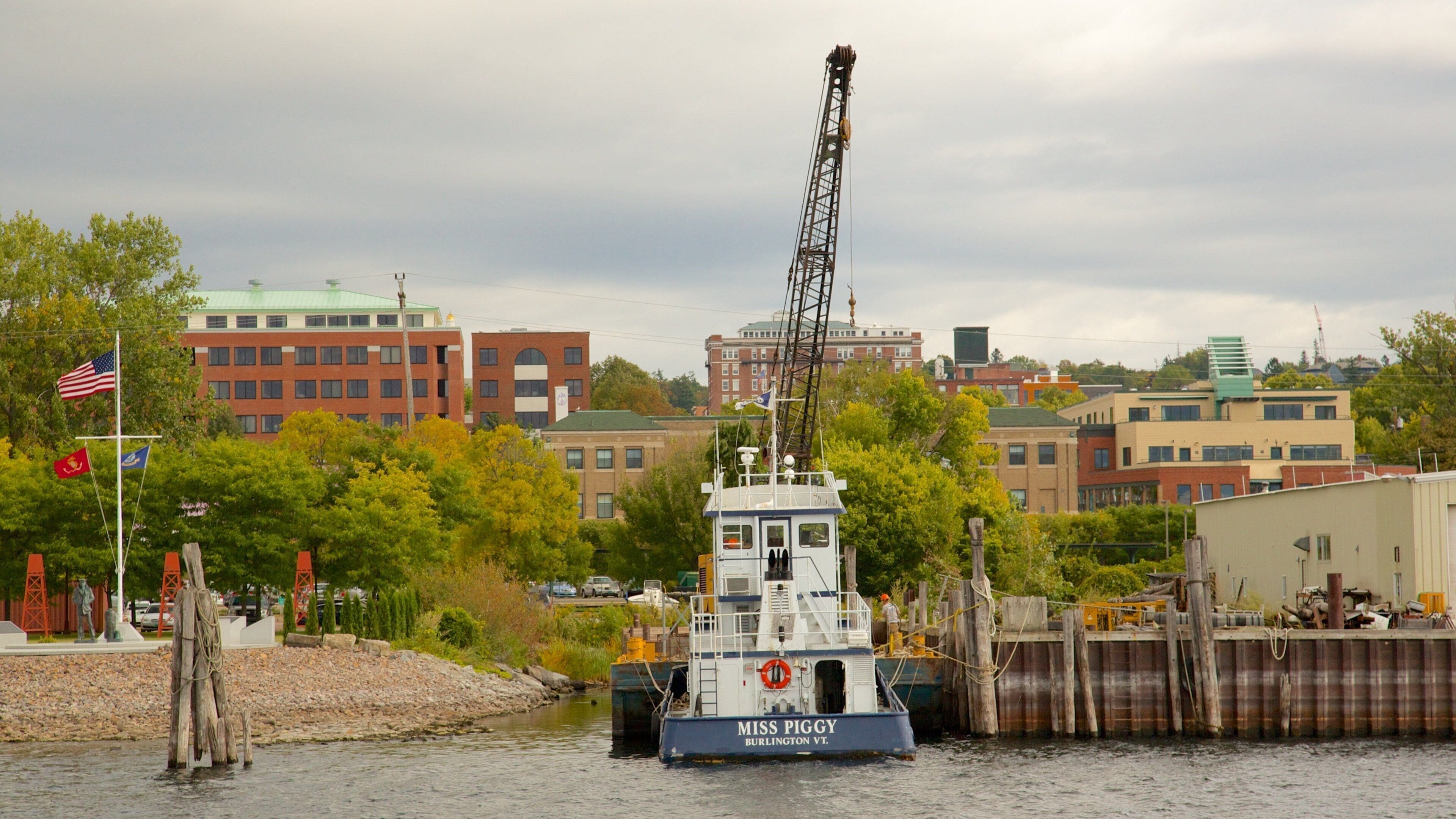 Lake Champlain Ferry showing industrial elements and a ferry