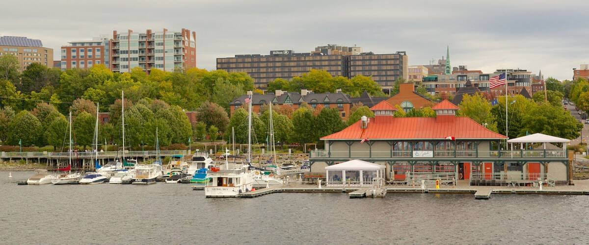 Lake Champlain Ferry showing a bay or harbor and a city