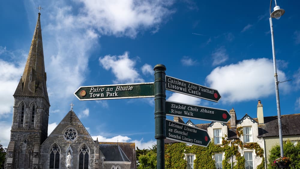 Direction signs for places of interest in the town of Listowel, county Kerry, Ireland.