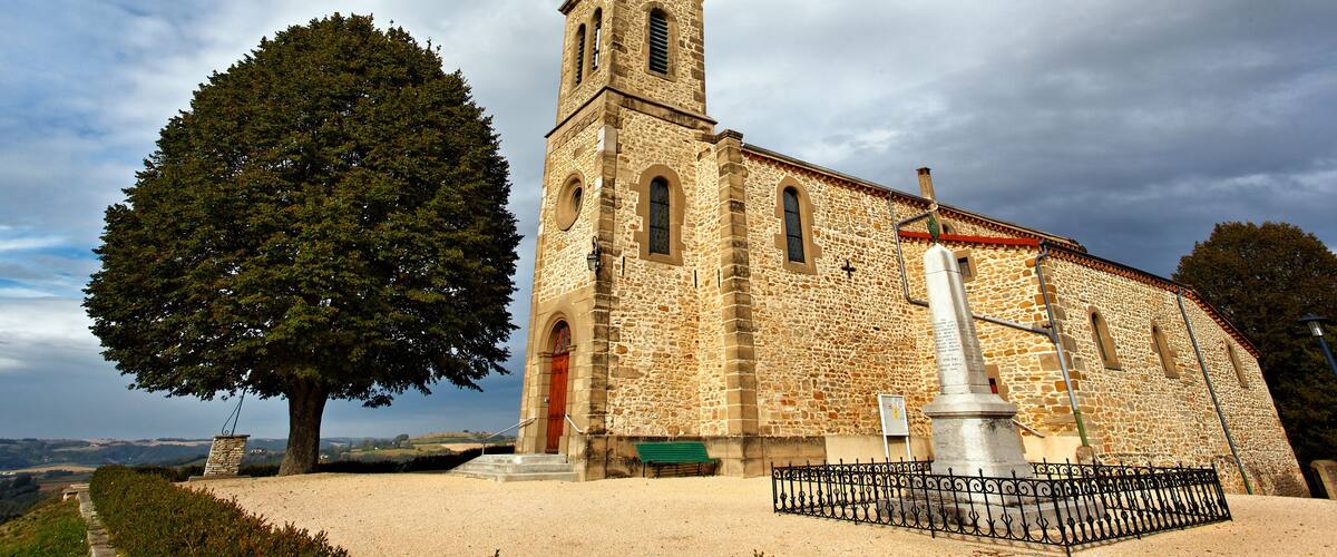 A stone church with a tall tower, a large tree in front, and a metal fence.