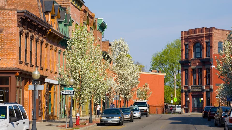 A street lined with brick buildings, one with a green awning, and cars parked along the road.