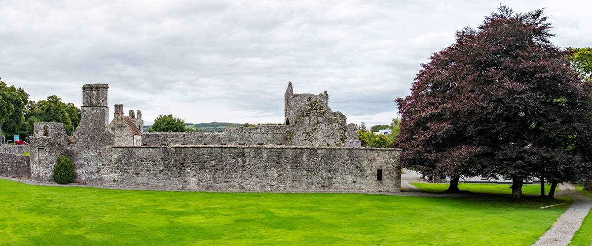 A historic stone castle with ruins, a well-maintained lawn, and a large tree with purple leaves.