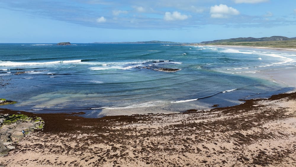 Aerial view of rocks at Pollan Strand Ballyliffin Beach on the Atlantic Ocean County Donegal Ireland