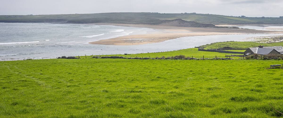 A coastal landscape with a grassy foreground, a sandy beach, and a stone wall.