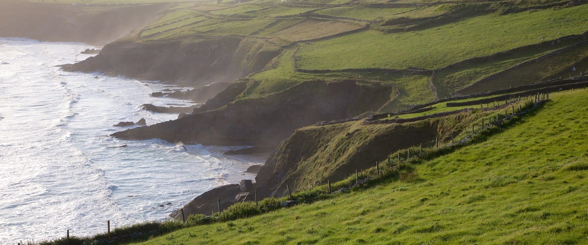 A coastal landscape with rolling hills, a rocky coastline, and a few houses.