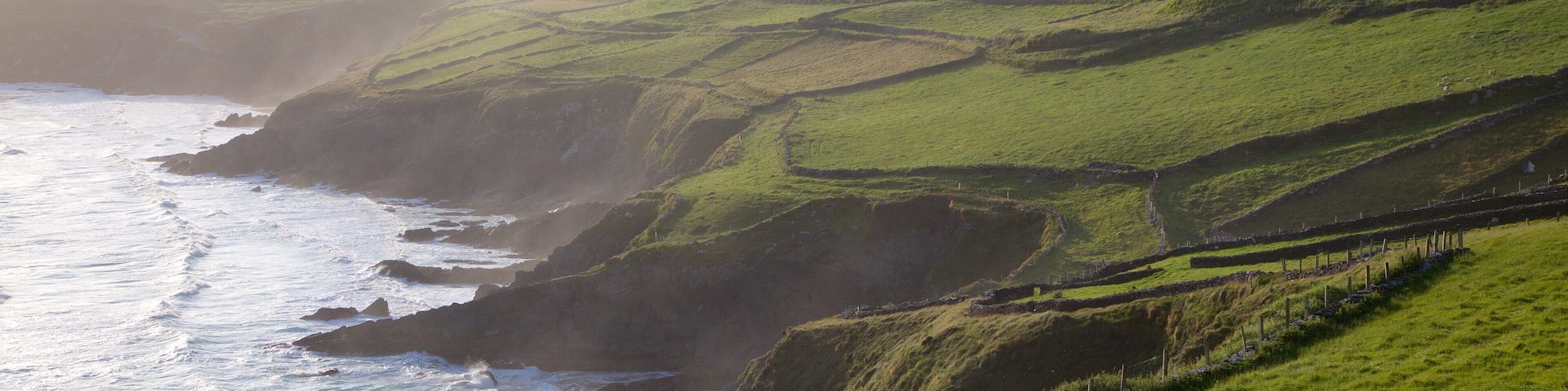 A coastal landscape with rolling hills, a rocky coastline, and a few houses.