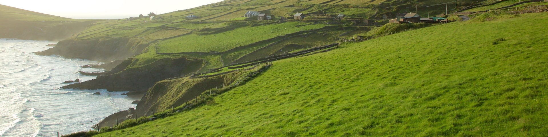A coastal landscape with rolling hills, a sea, and scattered houses.