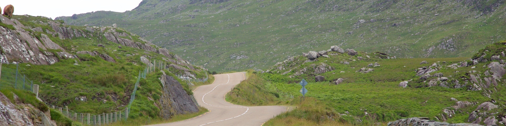 A winding mountain road with rocky terrain and grassy areas.
