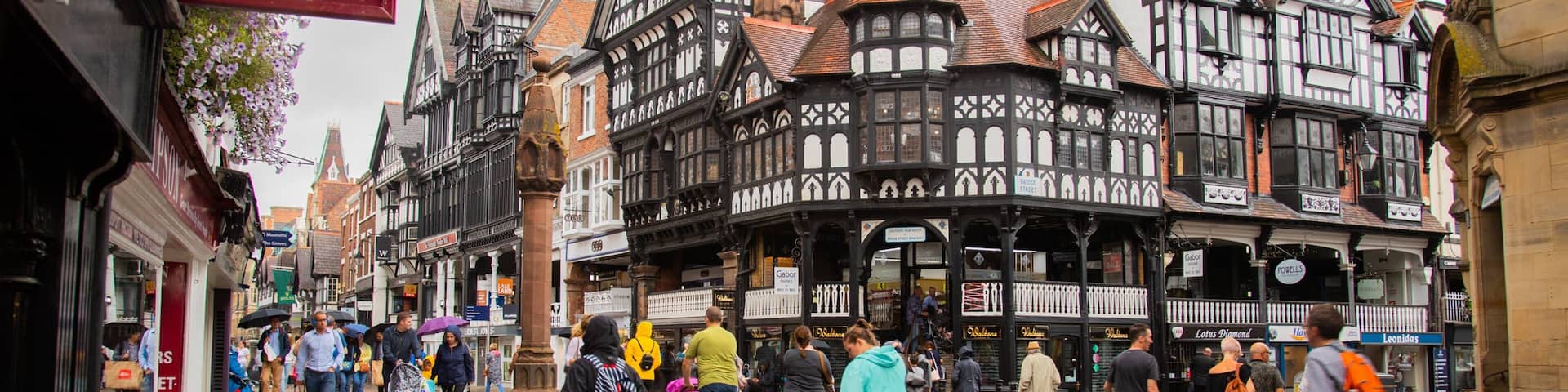 Chester which includes street scenes and heritage elements as well as a large group of people