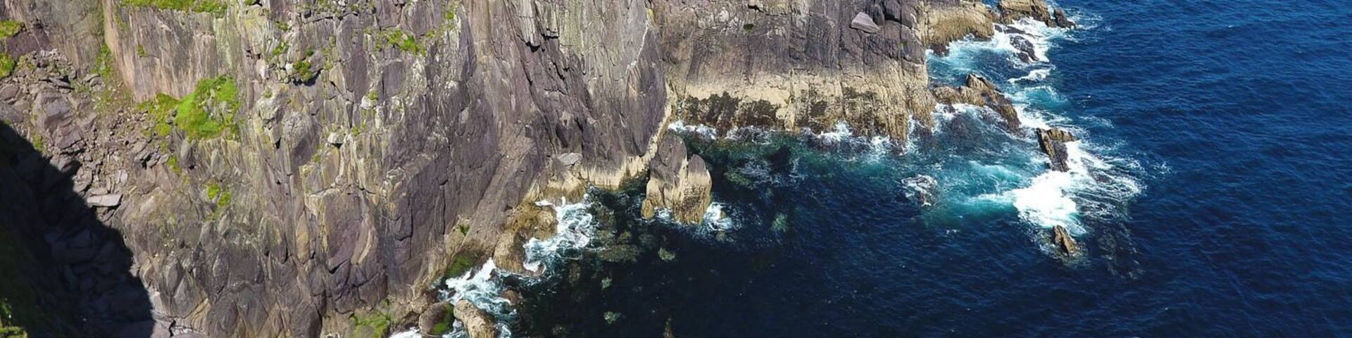 A coastal landscape with cliffs, a grassy field, and a body of water.