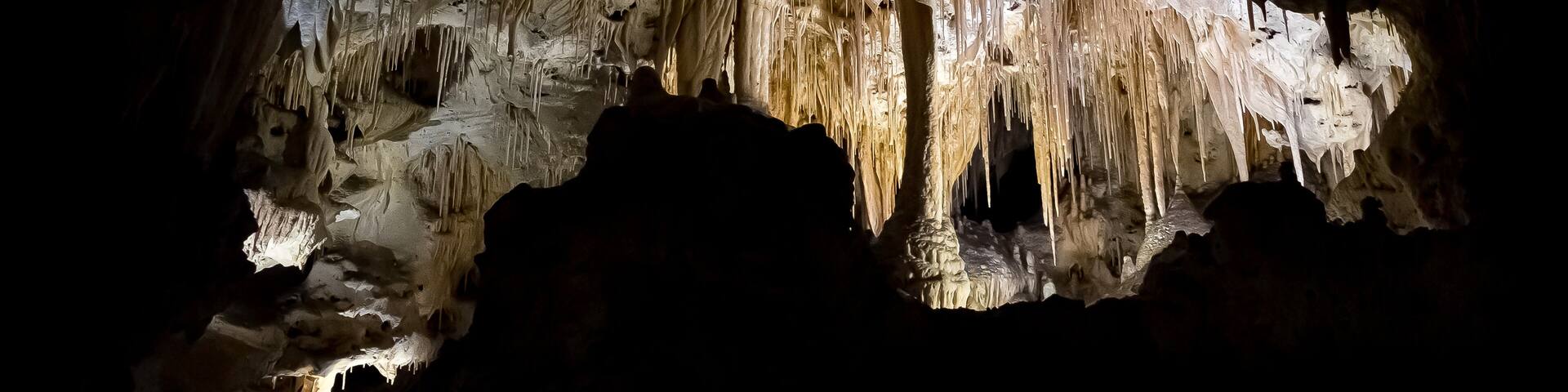 USA, New Mexico, Eddy County, Carlsbad Caverns National Park. A view of the calcite cave formations of columns, stalactities, and stalagmites underground below the Guadelupe Mountains.