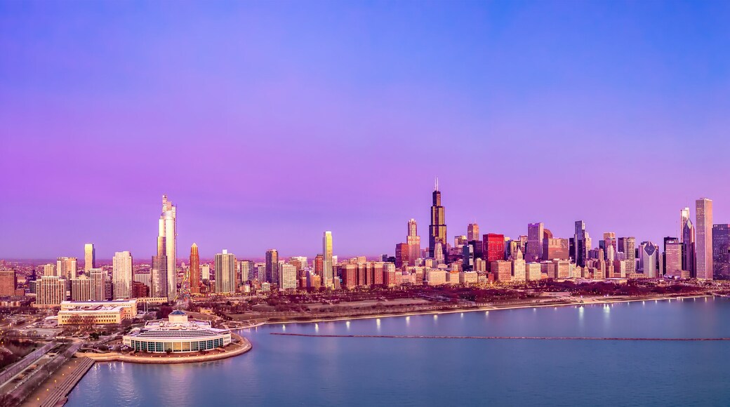Chicago Skyline Aerial Sunrise Sunset Cityscape Panorama