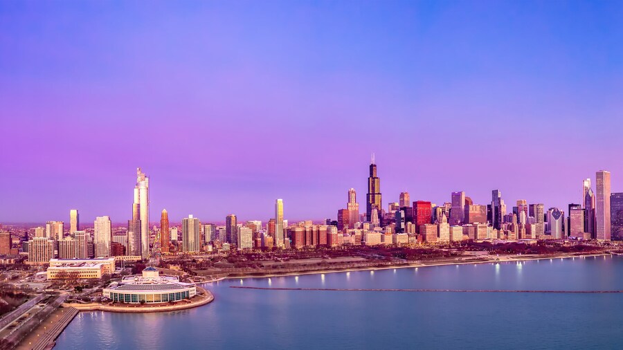 Chicago Skyline Aerial Sunrise Sunset Cityscape Panorama