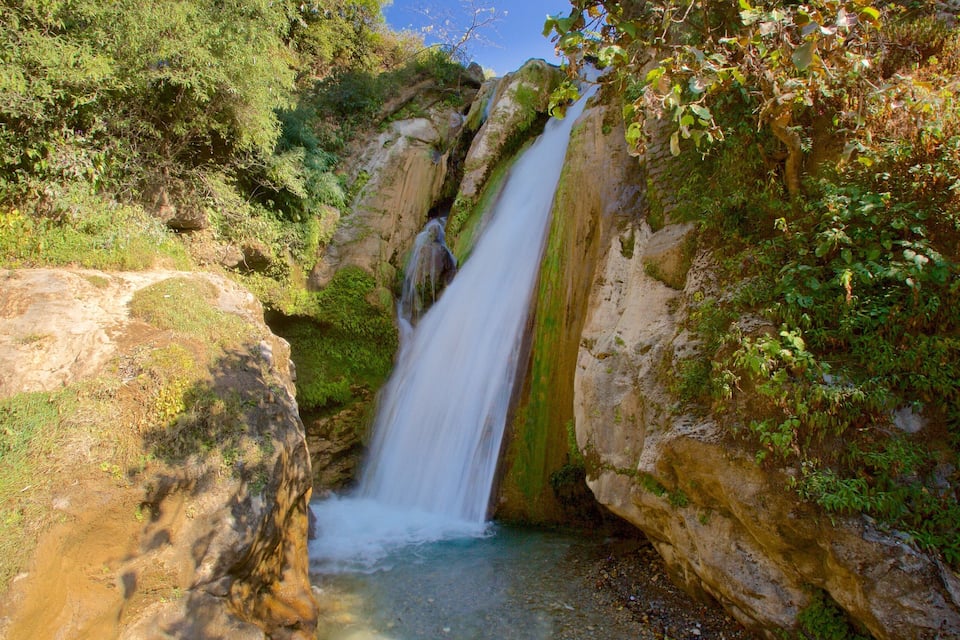 A waterfall cascading down a rocky cliff surrounded by lush greenery.