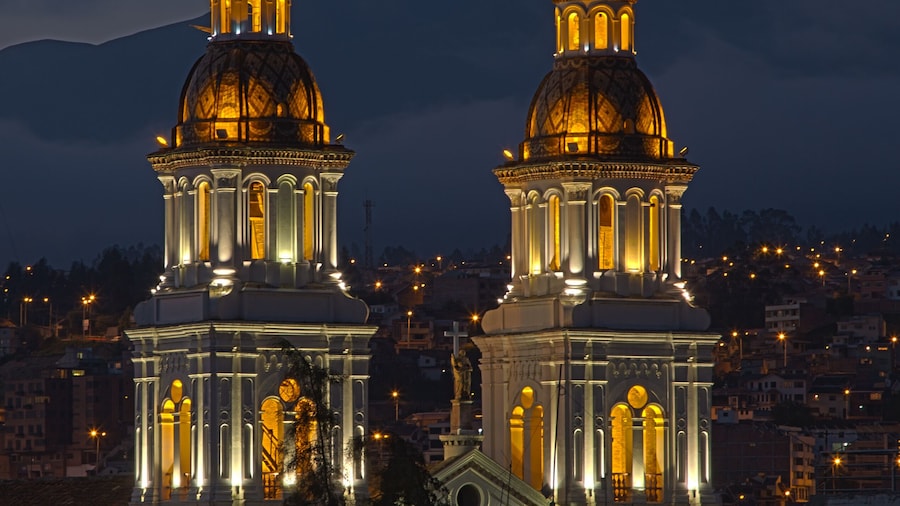 Santo Domingo church at night, as seen from a rooftop on Park Calderon