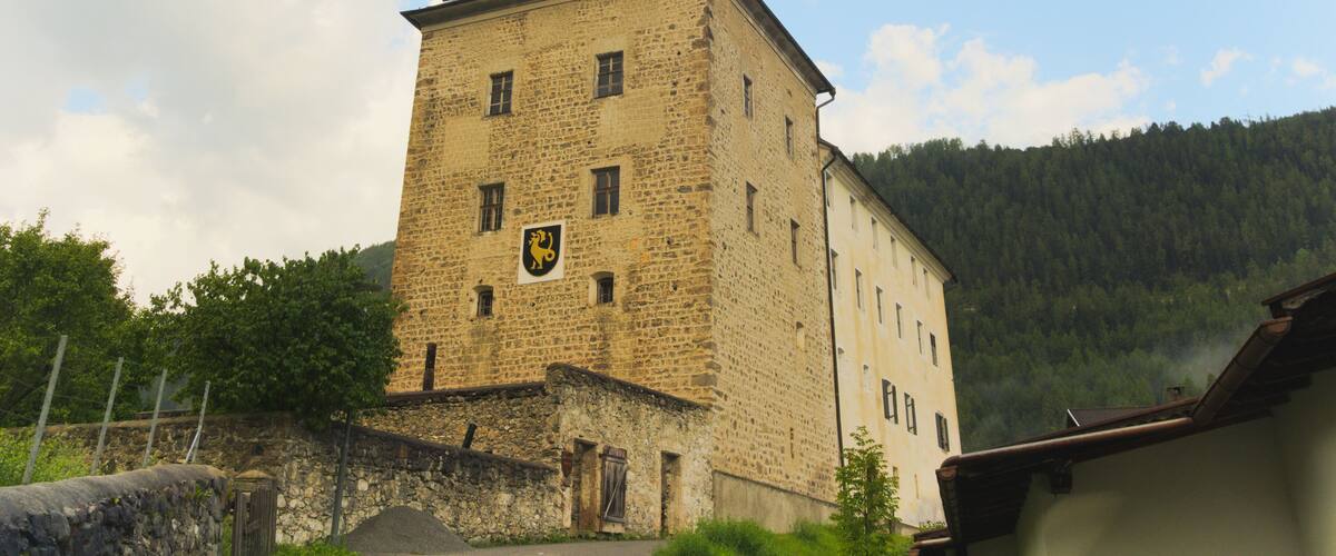 A stone tower with a pointed roof, a crest, and a forested hill in the background.