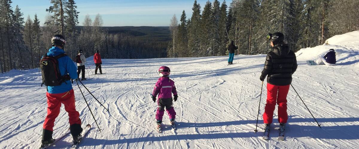 Wintersportplaats Kungsberget toont bos, skiën en sneeuw