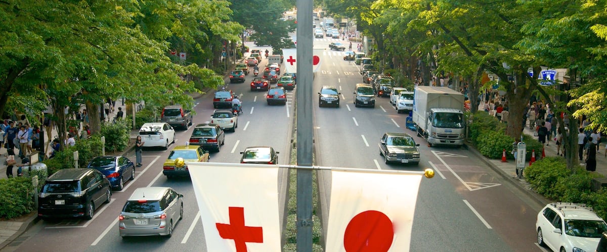 Harajuku showing street scenes and a city