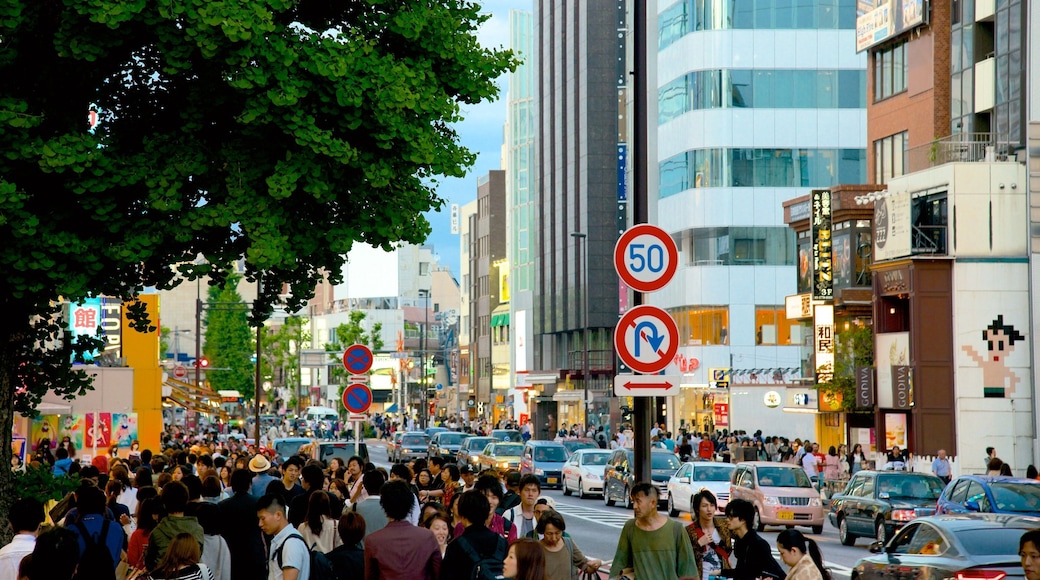 Harajuku og byder på gadeliv, en by og skyline