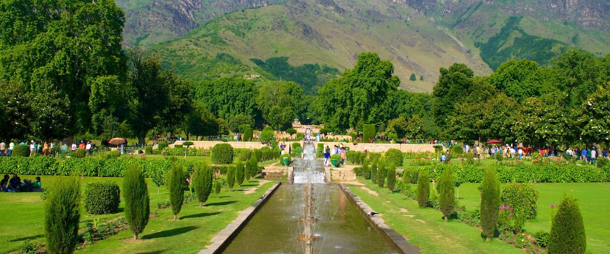 Mughal Gardens featuring a garden and a fountain