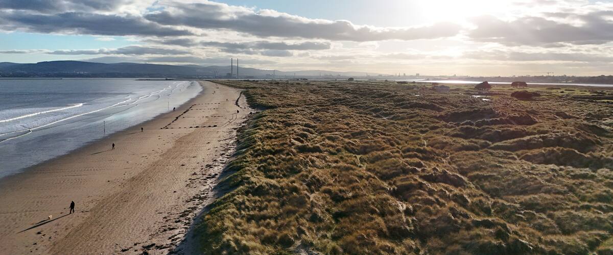 A beach with a grassy area beside it, a distant bridge, and a cloudy sky.