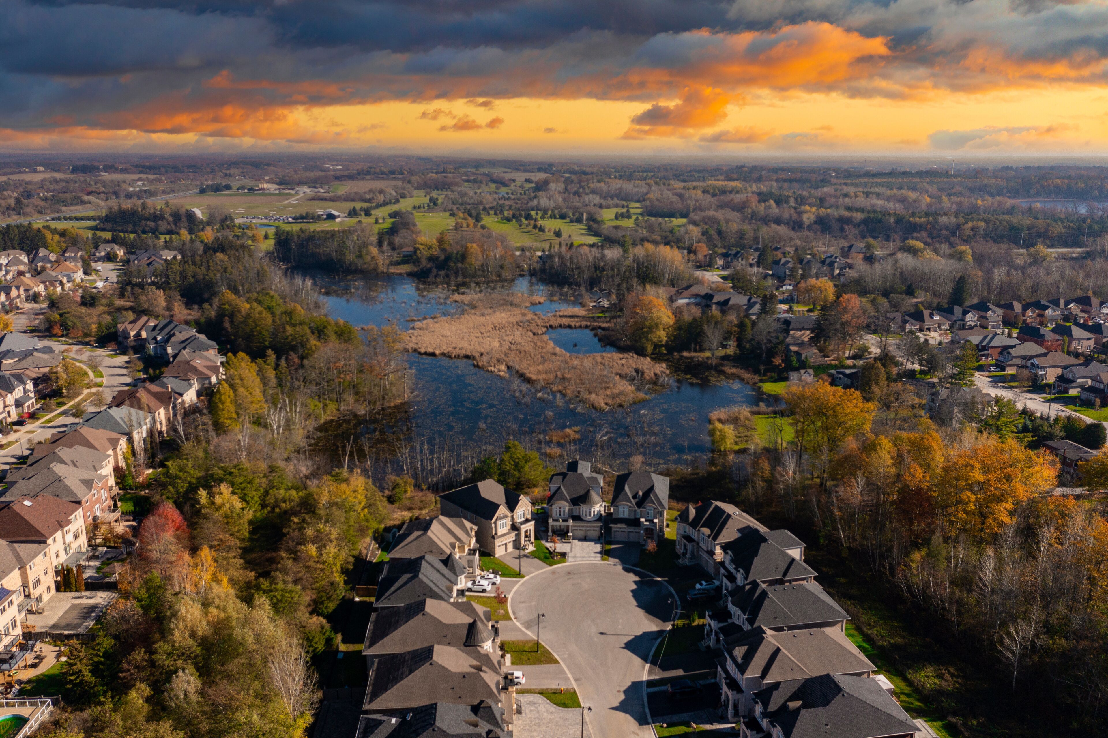 A suburban area with houses, a lake, and autumn foliage.