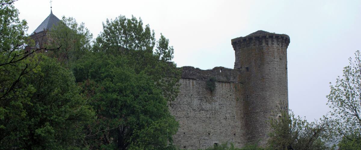 A historic stone castle with a tall tower and a smaller building with a pointed roof.