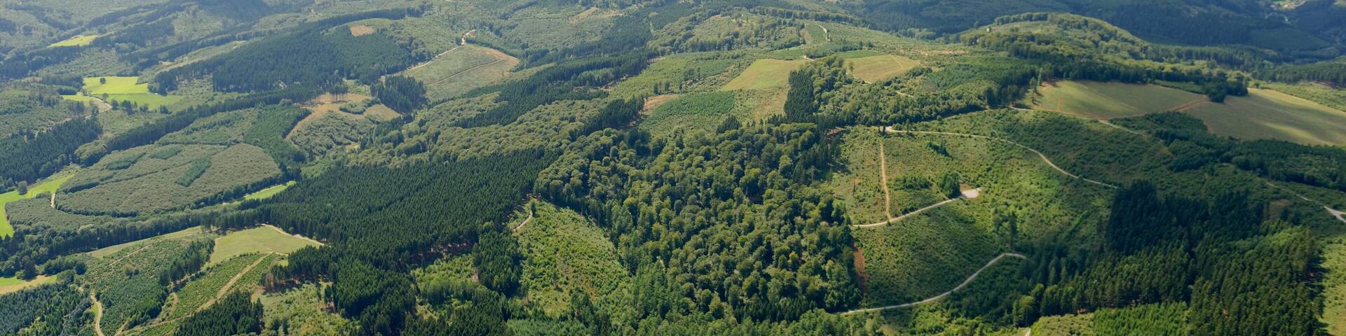 Fotoflug Sauerland West. Luftaufnahme: Waldgebiet nordwestlich von Balve-Garbeck, vorne rechts Quellgebiet der Amecke, Blick weit Richtung Westen.