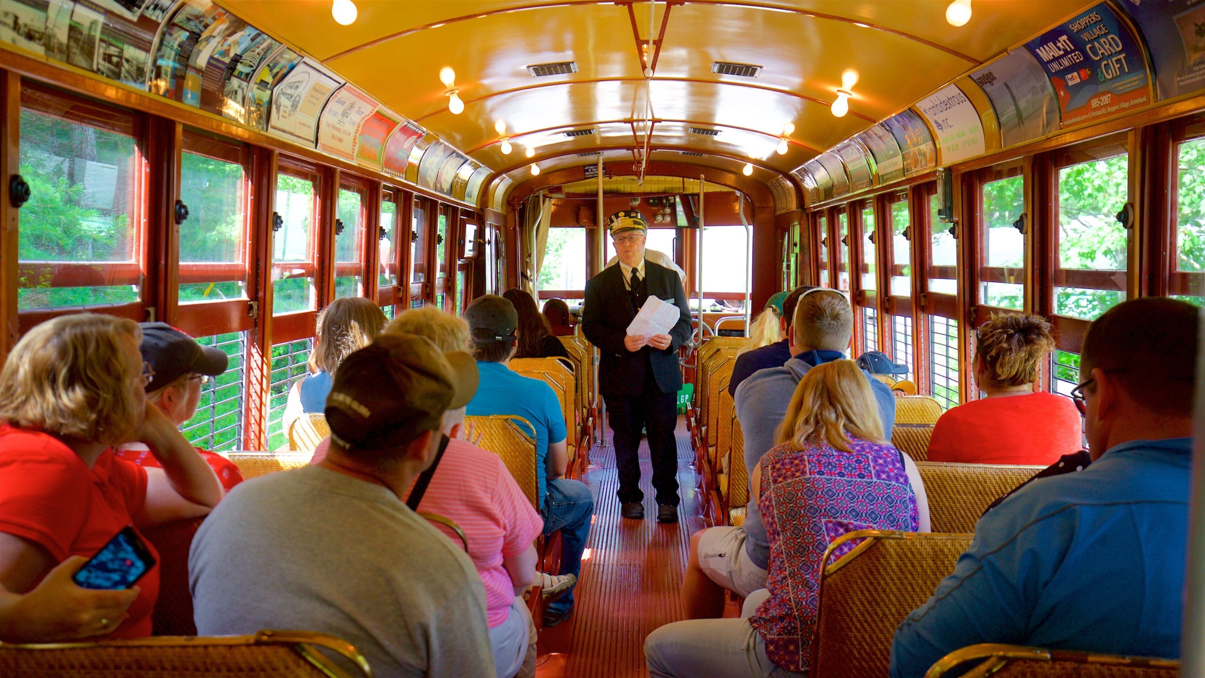 Seashore Trolley Museum which includes interior views and railway items as well as an individual male