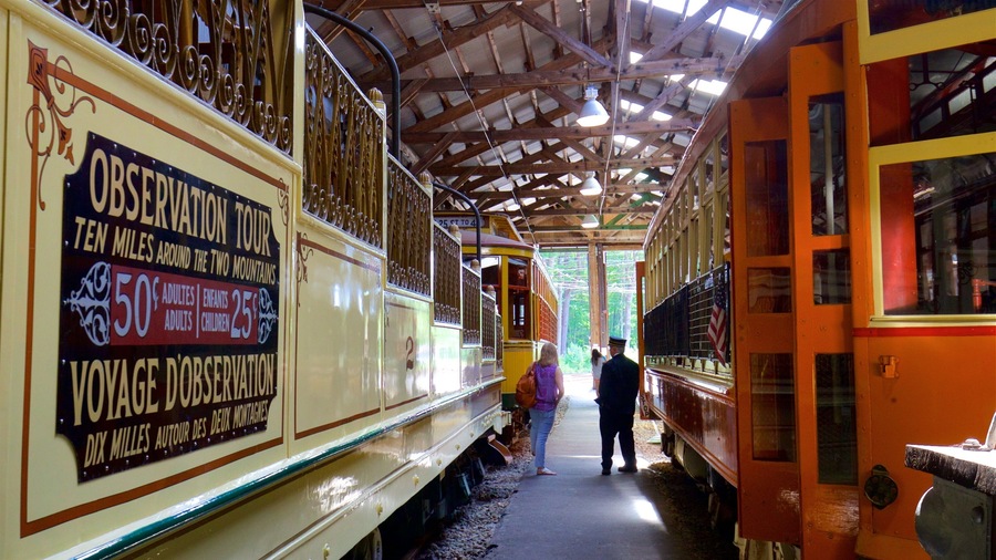 Seashore Trolley Museum which includes signage, railway items and interior views