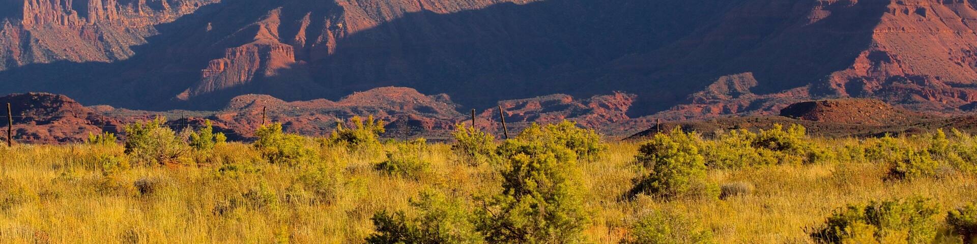 A mountain range with snow-capped peaks and red rock formations.