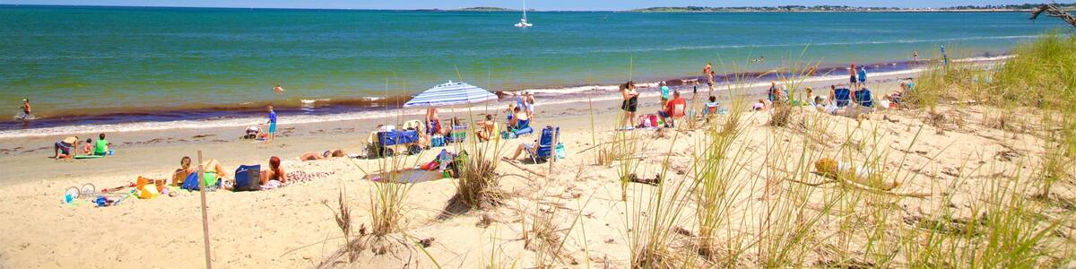 Ferry Beach State Park featuring a beach and general coastal views as well as a small group of people