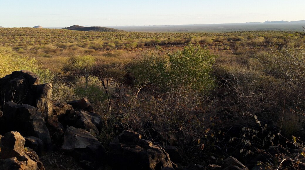 Erongo Plateau Camp is situated in the heart of the Erongo mountain range near Omaruru. Large view from the campsite. In the middle we can see a waterhole for zebras, oryx, elephants. .....